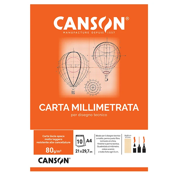 Carta Millimetrata 80 gr Quadrettatura Arancio Doppia Finitura 3 Formati Conf. 10 Fogli | Canson