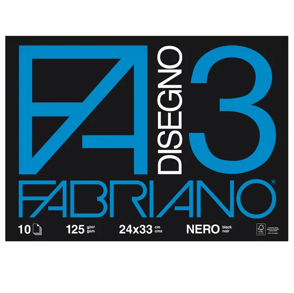 Album Disegno Nero 125 gr Carta Liscia 24x33 cm Copertina Nera 10 Fogli per Tecniche a Secco - Fabriano