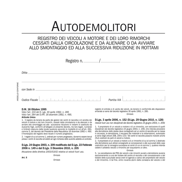 Registro Autodemolitori – 200 Pagine Numerate - Data Ufficio
