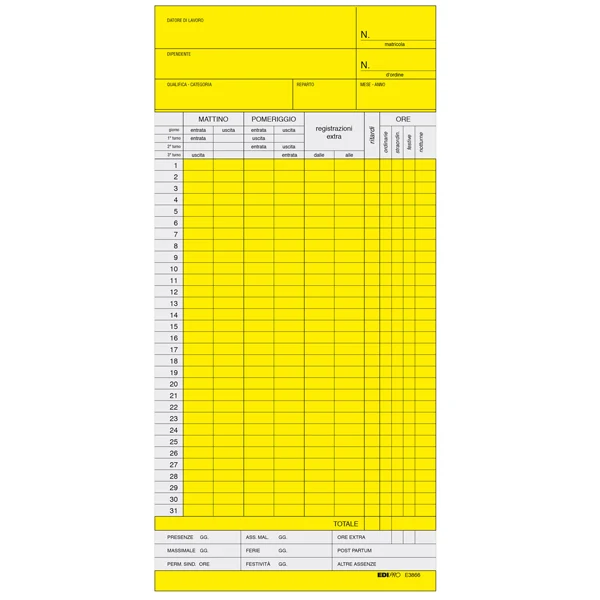 Schede Orologio Mensili – Giallo, 22x10 cm, Conf. 100 Pz. - Edipro