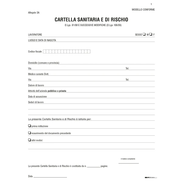 Cartella Sanitaria di Rischio per Lavoratori Esposti ad Agenti Cancerogeni, 31x24 cm - Edipro