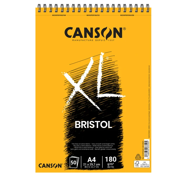Album XL Bristol A4 Spiralato Lato Corto 180 gr Superficie Extra Liscia 50 Fogli per Illustrazione | Canson