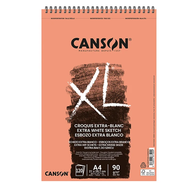 Album XL Extra White Spiralato Lato Corto 90 gr Carta Extra Bianca Microperforato 120 Fogli A4 e A3 | Canson