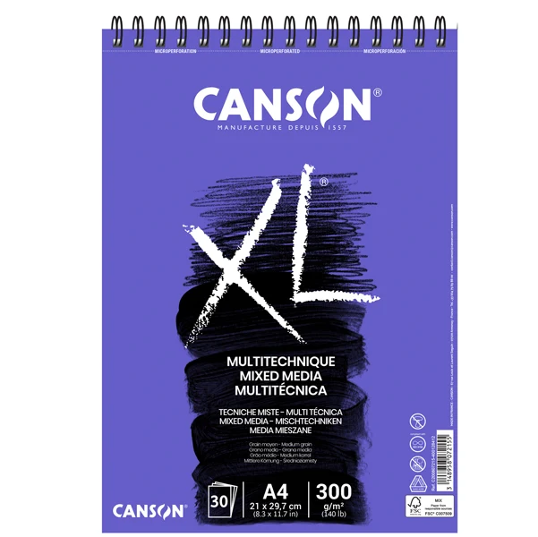 Album XL Mix Media Spiralato Lato Corto 300 gr Grana Media 30 Fogli A4 e A3 per Tecniche Miste | Canson