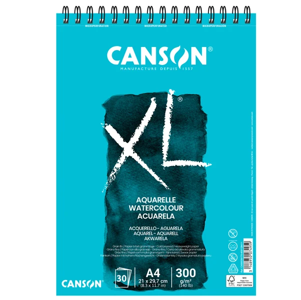 Album XL Aquarelle Spiralato Lato Corto 300 gr Grana Fine 30 Fogli A4 e A3 per Acquerello | Canson