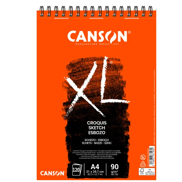Album XL Croquis Spiralato Lato Corto 90 gr Senza Acidi Microperforato 120 Fogli A4 e A3 | Canson