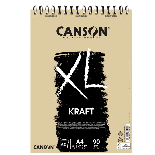 Album XL Kraft Spiralato Lato Corto 90 gr Senza Acidi Microperforato 60 Fogli A4 e A3 | Canson