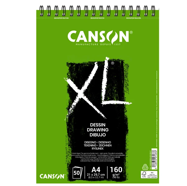 Album XL Drawing Spiralato Lato Corto 160 gr Grana Leggera Microperforato 50 Fogli A4 e A3 | Canson