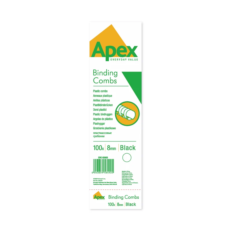 Fellowes Apex Plastic Binding Combs 8mm Black (Pack of 100) 6200301