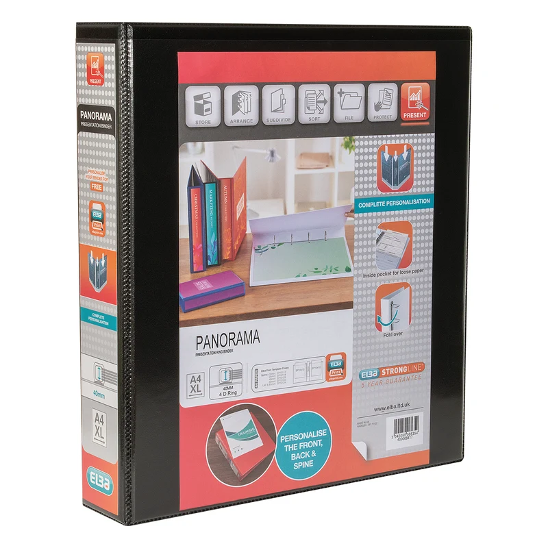 Elba Panorama 40mm 4 D-Ring Pres Binder A4 Blk (Pack of 6) 400008417