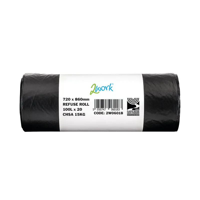 2Work Refuse Sack 100 Litre 20 Bags per Roll (Pack of 10) Black 2W06018