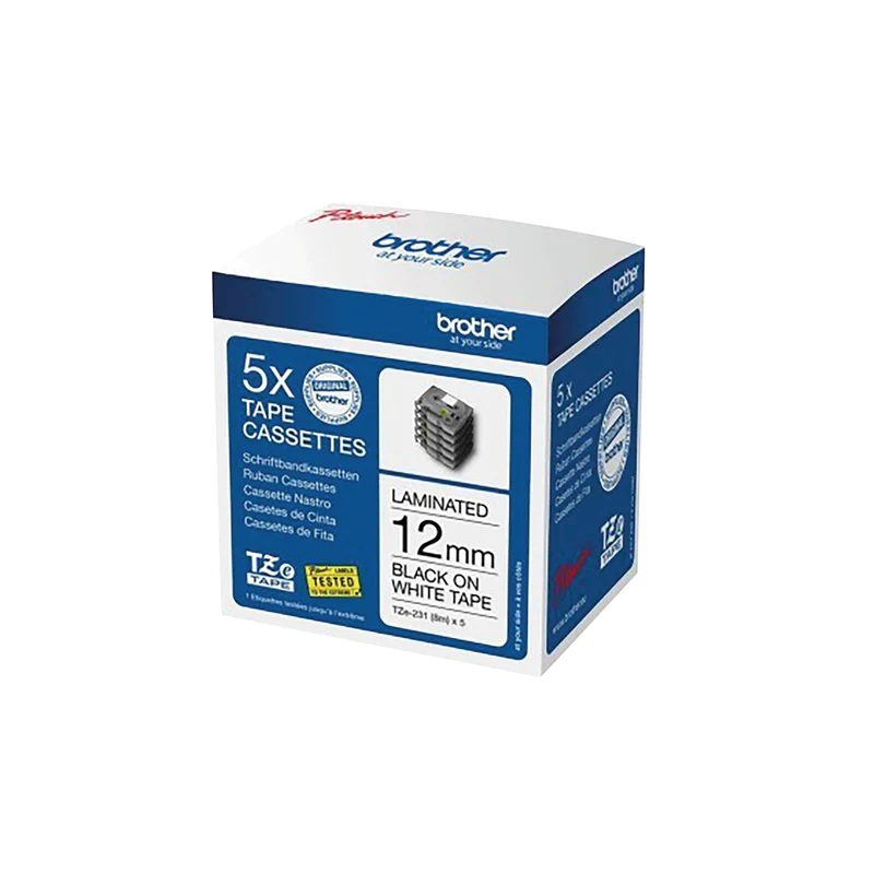 Brother P-Touch Tze Laminated Labelling Tape Cassettes 12mmx8m Black/White Tape (Pack of 5) TZE231M5