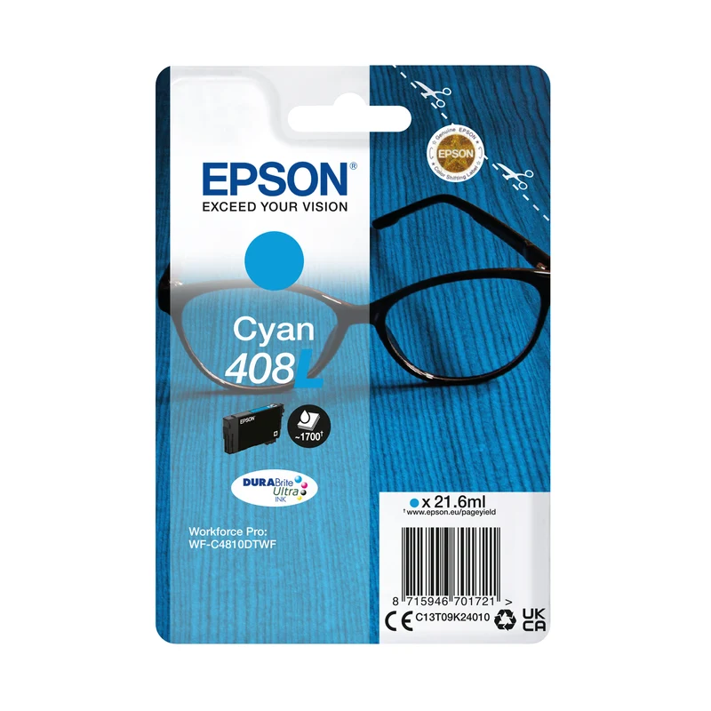 Epson 408L Ink Cartridge DURABrite Ultra Glasses Cyan C13T09K24010
