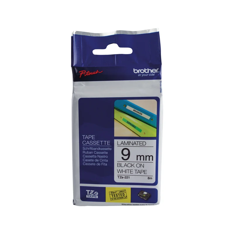 Brother P-Touch TZe Laminated Tape Cassette 9mm x 8m Black on White Tape TZE221
