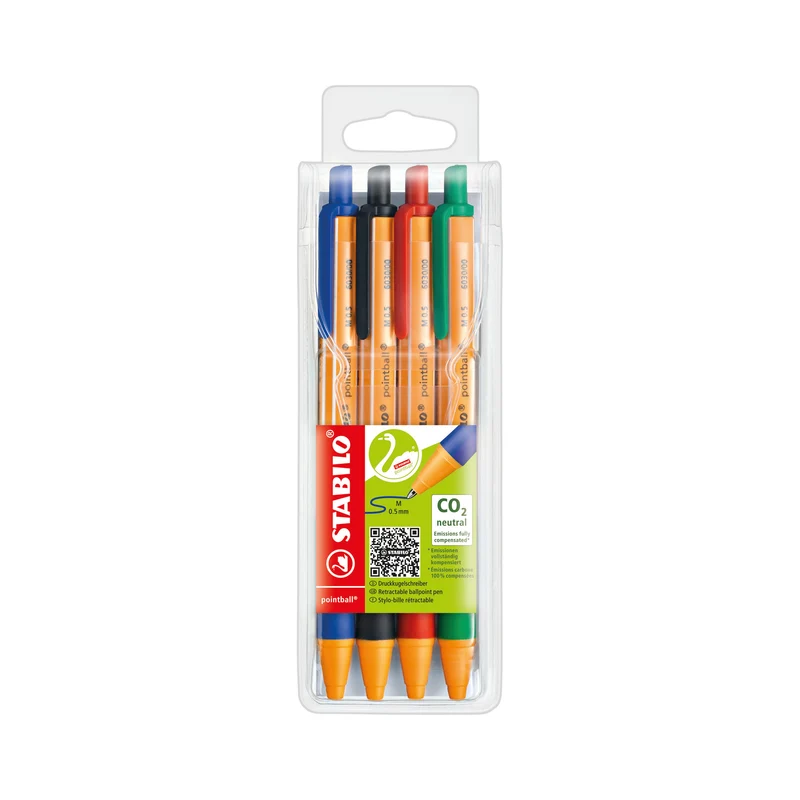 STABILO pointball Black, Blue, Green, Red Clip-on retractable ballpoint pen 4 pc(s)