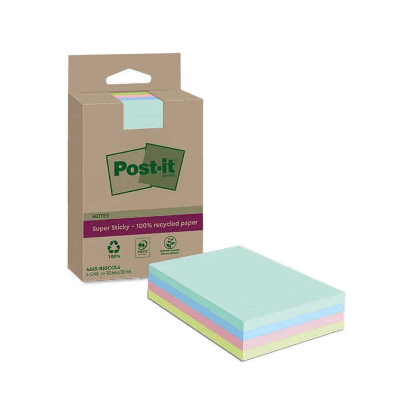 Post-it Super Sticky Recycled Notes Lined 102x152mm 45 Sheets Assorted (Pack of 4) 4645-RSSCOL4