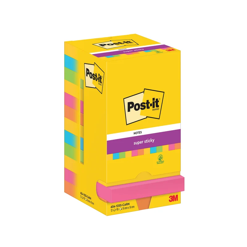 Post-it Super Sticky 76x76mm 90 Sheets Carnival (Pack of 12) 654-12SS-CARN
