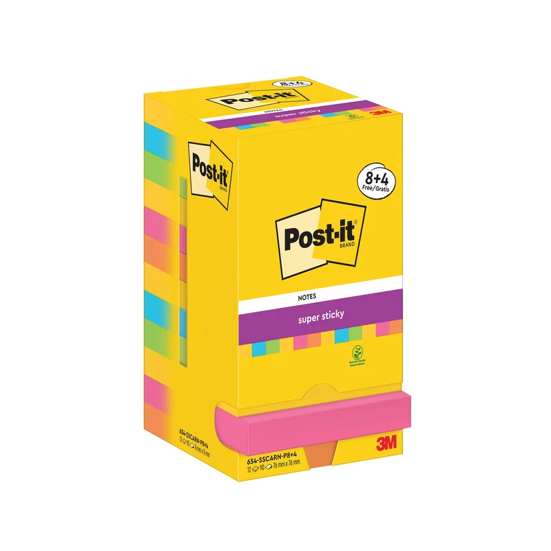 Post-it Super Sticky Notes 76x76mm 90 Sheets Carnival 8+4 FREE (Pack of 12) 654-SSCARN-P8+4