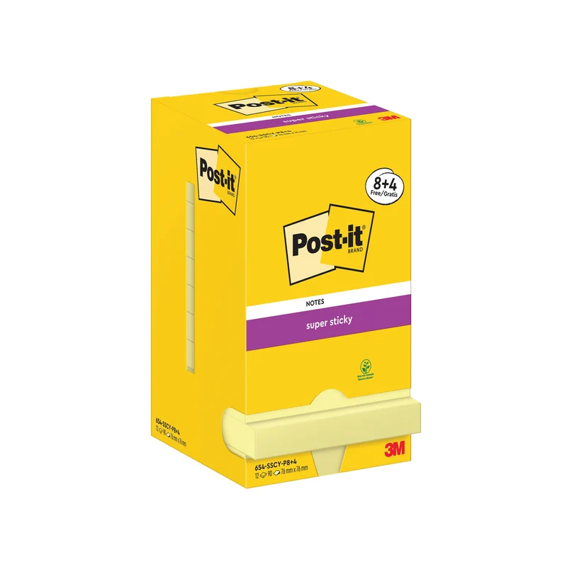 Post-it Super Sticky 76x76mm 90 Sheets Canary Yellow (Pack of 12) 654-SSCY-P8+4