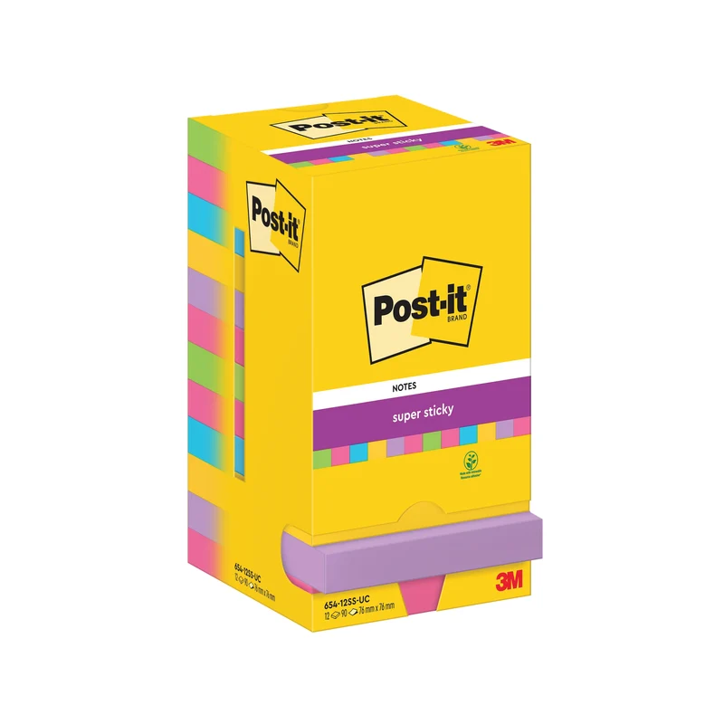 Post-it Super Sticky Notes 76x76mm 90 Sheets Assorted (Pack of 12) 654-12SS-UC