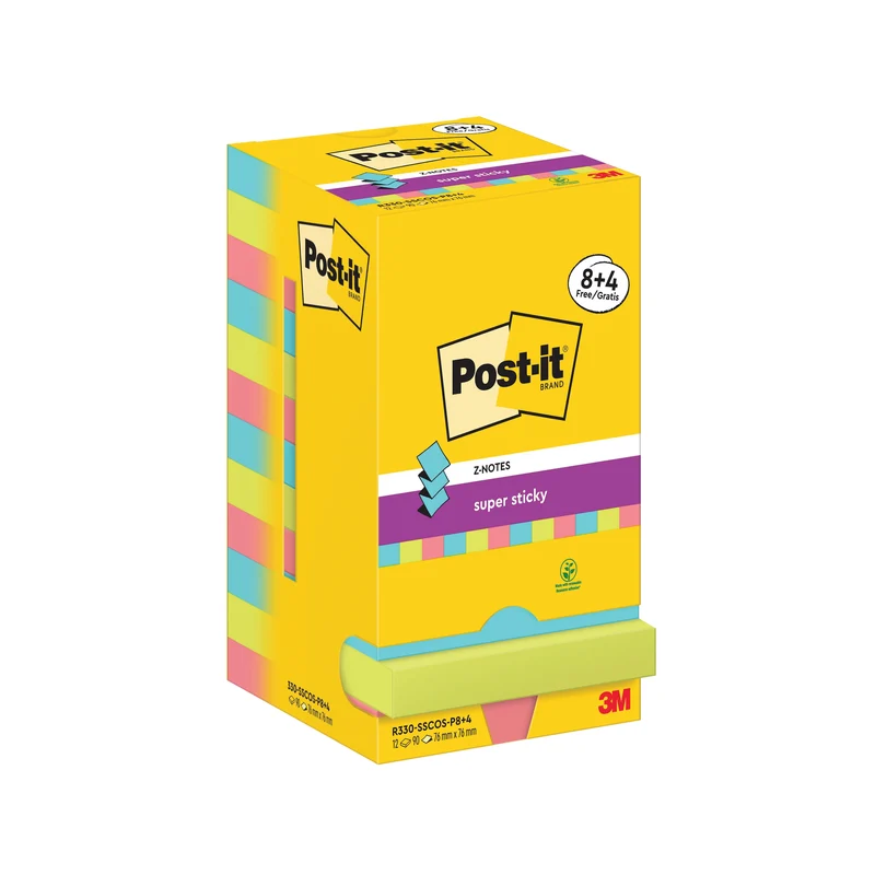 Post-it Super Sticky Z-Notes 76x76mm 90 Sheets Cosmic 8+4 FREE (Pack of 12) R330-SSCOS-P8+4