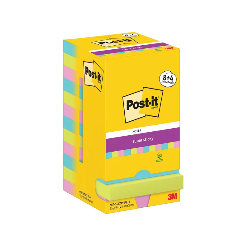 Post-it Super Sticky Notes 76x76mm 90 Sheets Cosmic 8 + 4 FREE (Pack of 12) 654-SSCOS-P8+4