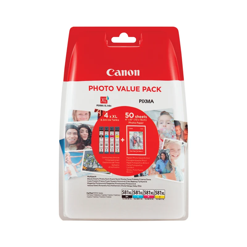Canon CLI-581XL Inkjet Cartridges + Photo Paper Plus Glossy II Value Pack CMYK 2052C006