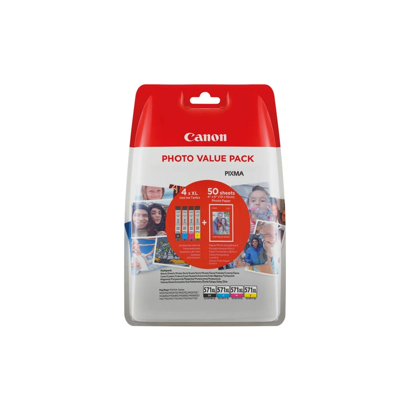 Canon CLI-571XL Inkjet Cartridges + 4x6 Photo Paper Glossy 50 Sheets Photo Value Pack CMYK 0332C006